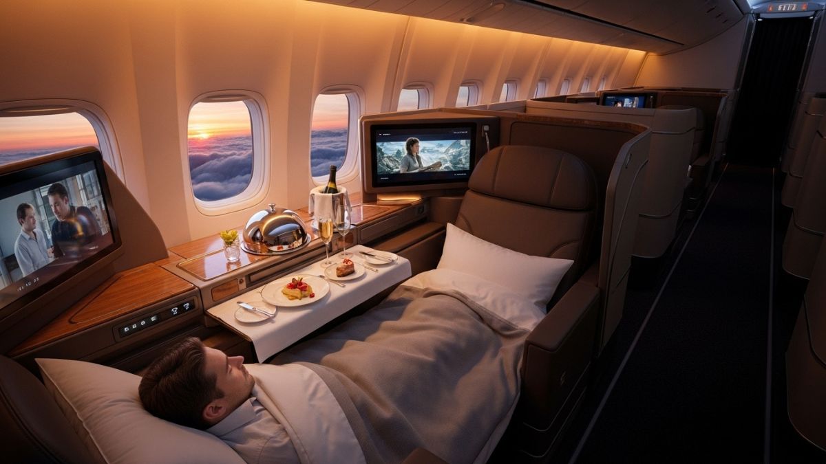 Os assentos da Business Class se convertem em camas completamente reclináveis, garantindo privacidade e sono confortável