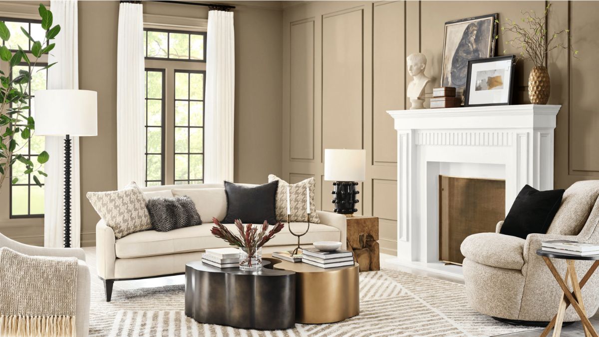 O tom Universal Khaki, da Sherwin-Williams, adiciona profundidade e suavidade a espaços amplos/ Reprodução Sherwin-Williams