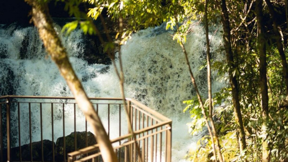 Com vista para a cascata que movia as antigas turbinas, o café do Espaço Usina convida a uma pausa cercada pela natureza/ Divulgação