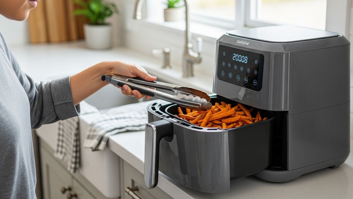 Ele utiliza circulação de ar quente para cozinhar sem óleo, entregando resultados leves e crocantes