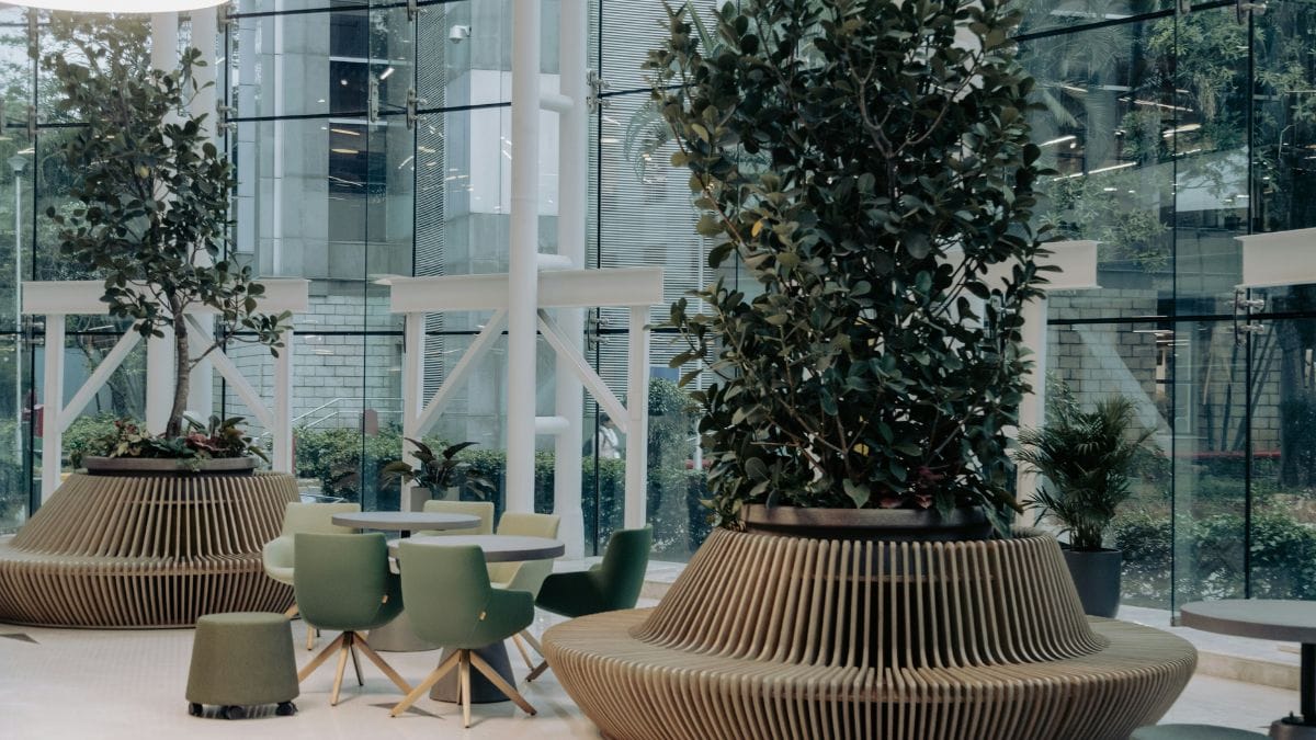 O uso de plantas em grande escala, mobiliário inspirado na natureza e abundância de luz natural evidencia como o design biofílico transforma interiores em espaços de bem-estar/ Bernd Dittrich/Unsplash