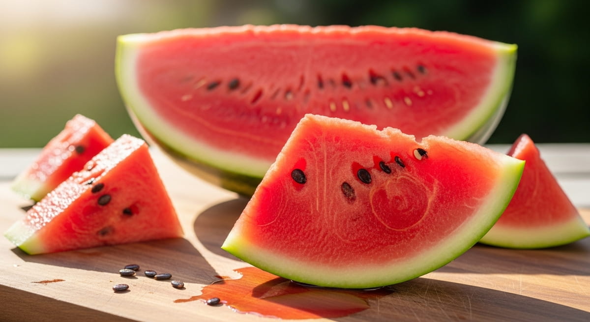 A melancia é composta por mais de 90% de água, sendo excelente para manter o corpo hidratado e ajudar na regulação da temperatura corporal