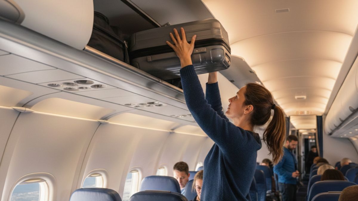 A bagagem de mão pode ser levada para a cabine, mas precisa respeitar peso e dimensões para ser acomodada no compartimento superior do avião/ Gerado por IA/Gemini