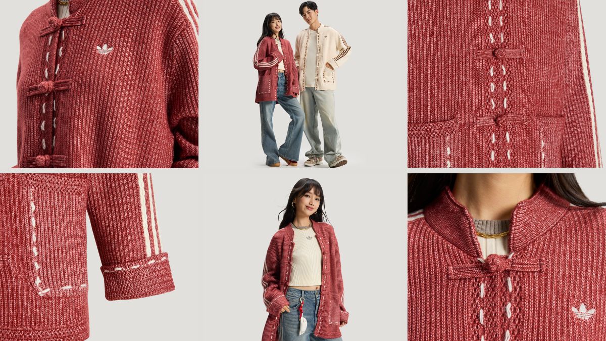 NEW YEAR KNIT JACKET - Jaqueta em tricô da coleção especial de Ano-Novo Chinês aposta em fechamento com botões pankou, gola mandarim e caimento oversized, unindo tradição e estética contemporânea. Preço: R$ 1.025,02/ Divulgação Adidas