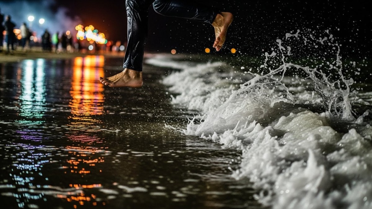 Pular sete ondas, uma de cada vez, de frente para o mar / Imagem gerada por IA