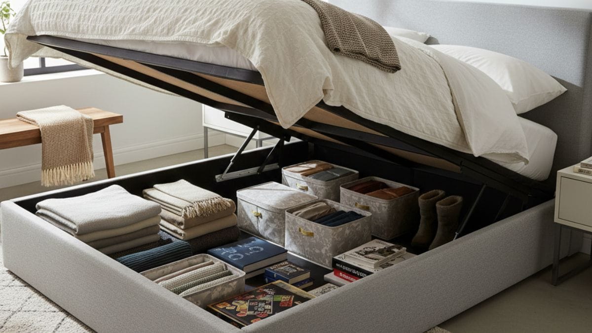 Já a cama box baú, com abertura superior, oferece um espaço interno amplo e discreto, perfeito para acomodar itens maiores e liberar espaço no armário/ Gerado por IA/Gemini