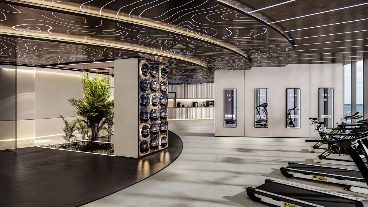 A academia de última geração do hotel conta com equipamentos premium e janelas panorâmicas voltadas para o Golfo Árabe/ Reprodução Ciel Dubai Marina