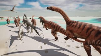 Reconstrução artística mostra um grupo de dinossauros herbívoros caminhando sobre uma antiga planície costeira, cenário que ajuda a explicar a formação das milhares de pegadas fossilizadas encontradas hoje no Parque Nacional do Stelvio, no norte da Itália