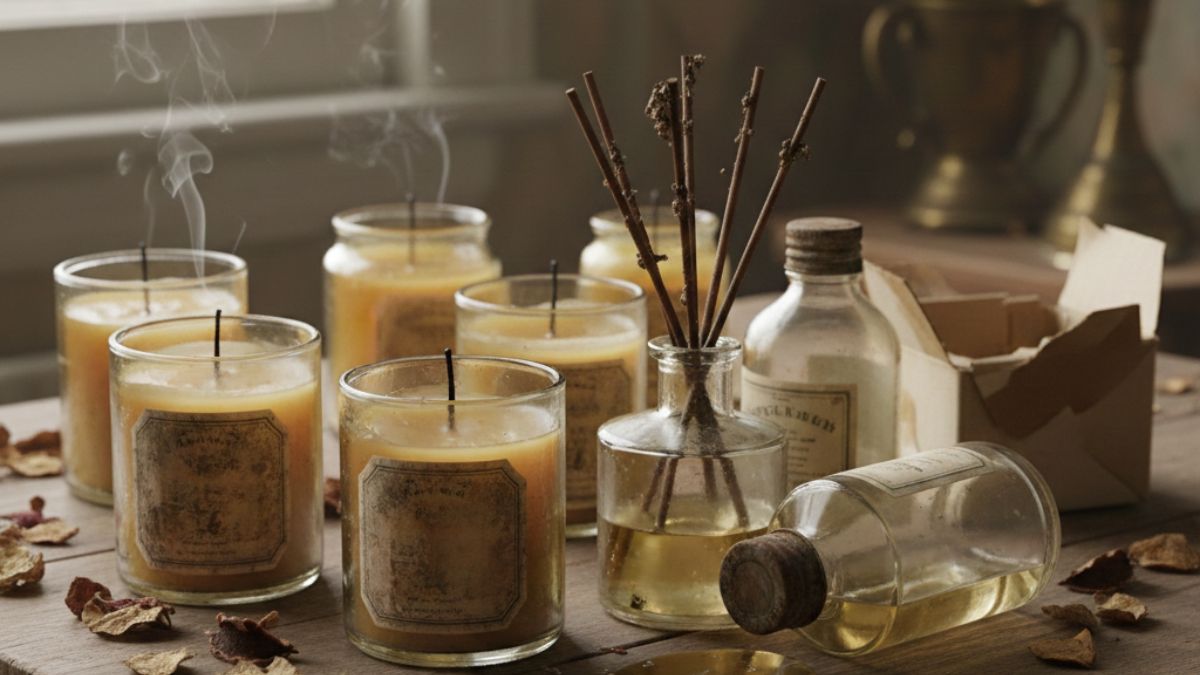 Velas usadas e aromatizadores antigos, que já perderam fragrância ou apresentam aspecto envelhecido/ Gerado por IA/Gemini