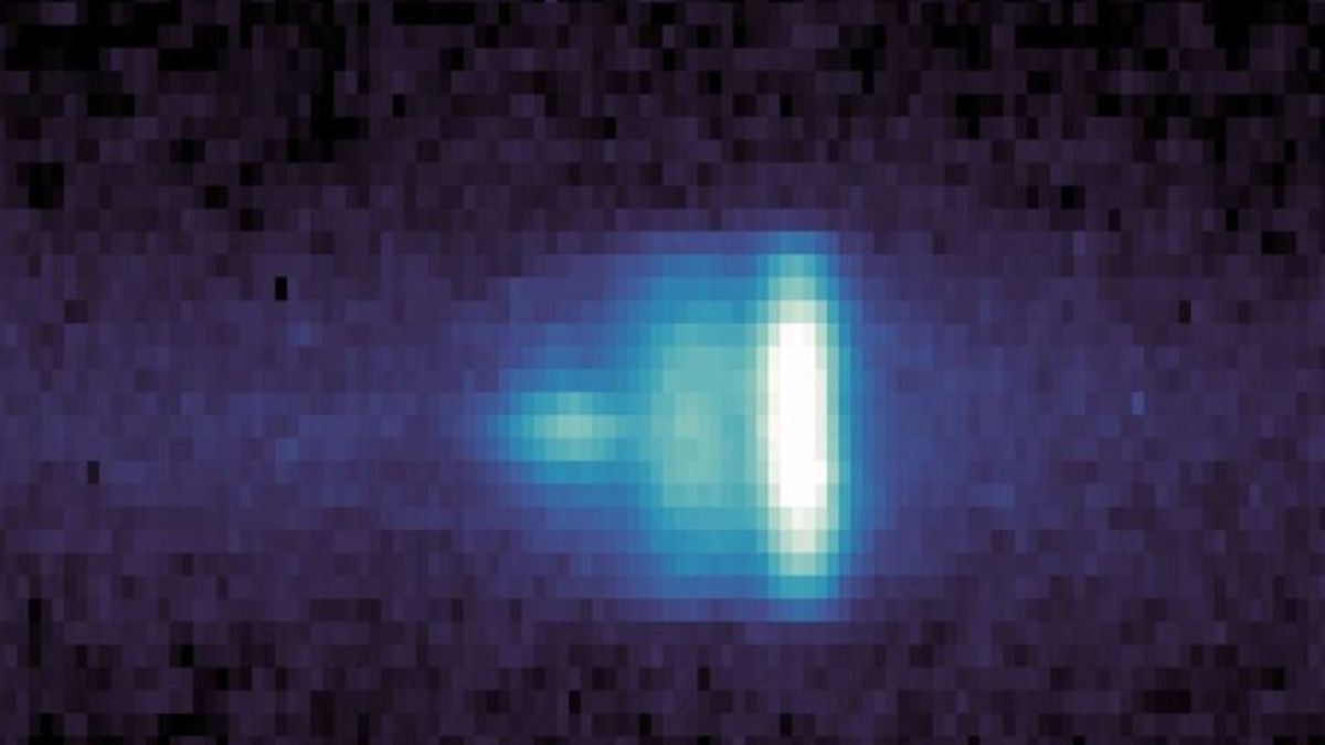 Uma composição em ultravioleta capturada pela sonda MAVEN em 28 de setembro de 2025 destaca átomos de hidrogênio ao redor do cometa interestelar 3I/ATLAS, visível como um ponto tênue à esquerda, distinto das emissões de Marte e do hidrogênio interplanetário / NASA/Goddard/LASP/CU Boulder