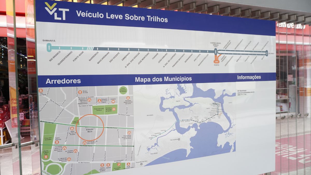 Os testes com passageiros da nova fase do VLT acontecem das 9h às 15h e vai percorrer os trechos da Conselheiro Nébias até o Valongo (Renan Lousada/DL)