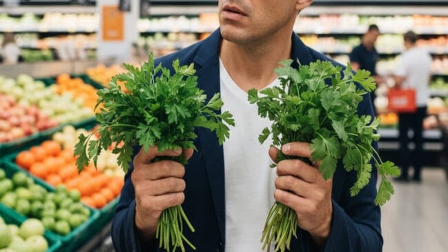 No mercado, homem segura os dois maços confuso sobre quem é o coentro