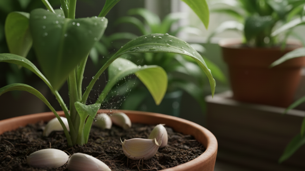 Para proteger sua planta, enterre dentes de alho com casca a cerca de 10 cm do caule. Essa barreira de aroma mantém o solo equilibrado e as folhas livres de invasores de forma sustentável/Gemini