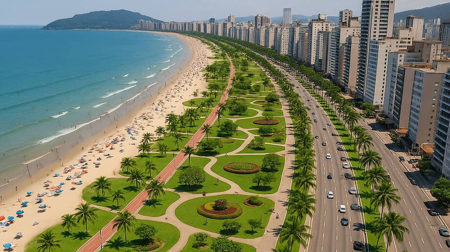 10º lugar: A maior orla urbanizada do Brasil em Santos Fechando o top 10 com 1 milhão de acessos, a homenagem aos jardins e aos 7 km de extensão da orla santista reforçou o orgulho local. (Imagem gerada por IA)