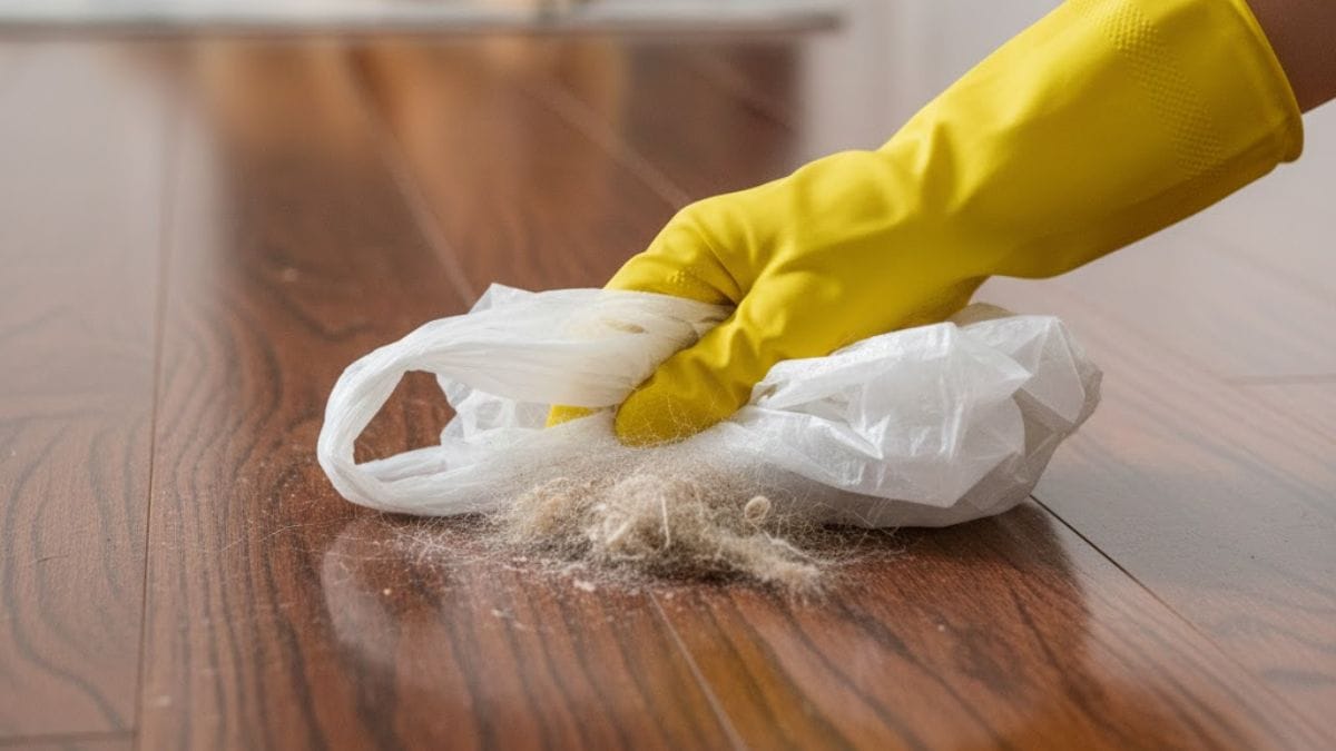 Entre as utilizações mais comuns da sacolinha de mercado na limpeza está a remoção de pelos e cabelos do piso e estofados (Google Gemini/Imagem Gerada por IA)