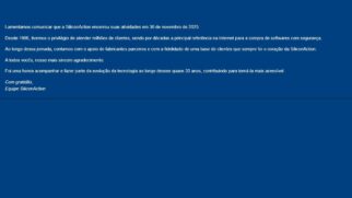 Site da empresa exibe mensagem de agradecimento e despedida