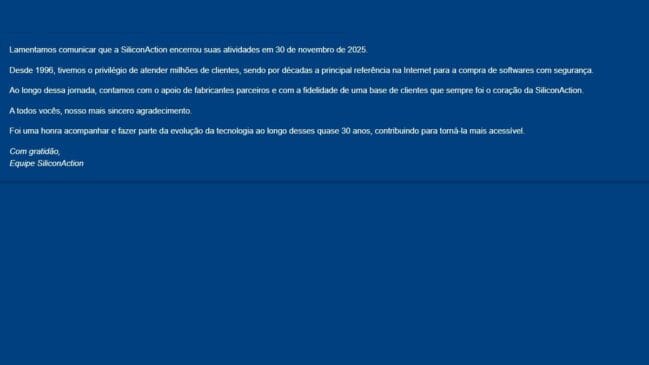 Site da empresa exibe mensagem de agradecimento e despedida