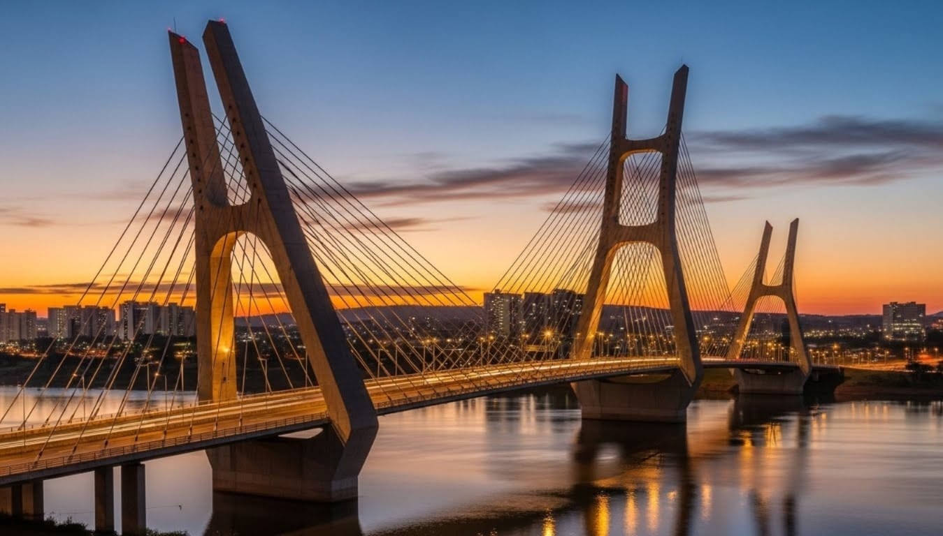 A estrutura impressiona: são 1,2 mil metros de extensão (dados oficiais mais usados) que se destacam pela forma assimétrica e pelos três arcos metálicos inclinados marca registrada do monumento / ImageFX