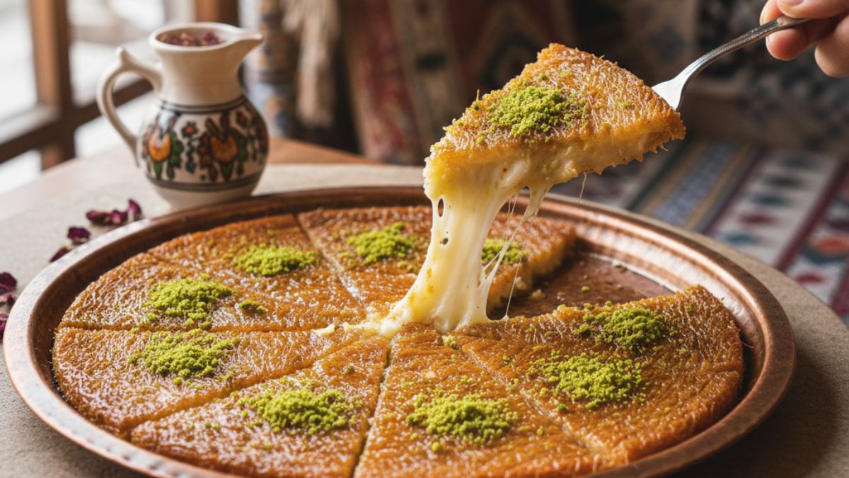 Em 1º lugar ficou a Antakya Künefesi, da Turquia, uma sobremesa ancestral feita com massa kadayif crocante, queijo fresco sem sal e calda quente, símbolo da culinária de Antakya e eleita a melhor do mundo pelo TasteAtlas/ Gerado por IA/Gemini