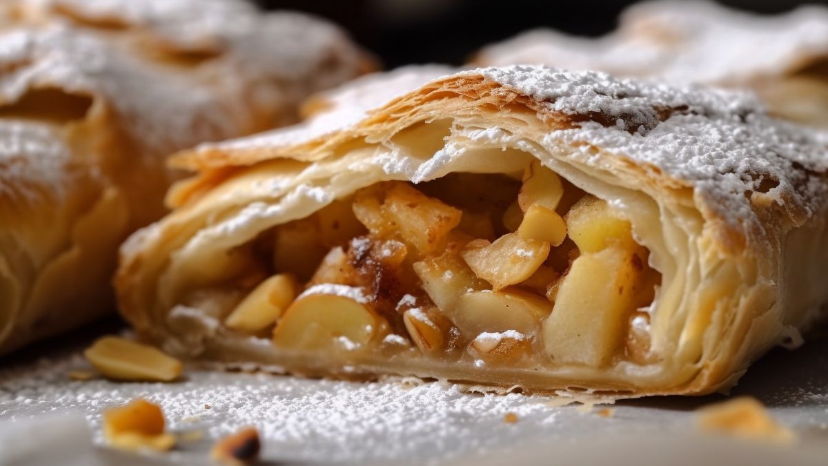 Em 4º lugar ficou o strudel, tradicional da Áustria e também popular na Itália, feito com massa finíssima recheada, geralmente de maçã, especiarias e frutas secas/ Gerado por IA/vecstock/Freepik