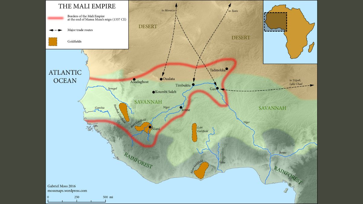 Mapa do Império do Mali A extensão territorial do Mali no século 14 revela o controle das rotas transaarianas e das principais regiões produtoras de ouro, base da riqueza que sustentou o reinado de Mansa Musa/ Gabriel Moss/Wikimedia Commons