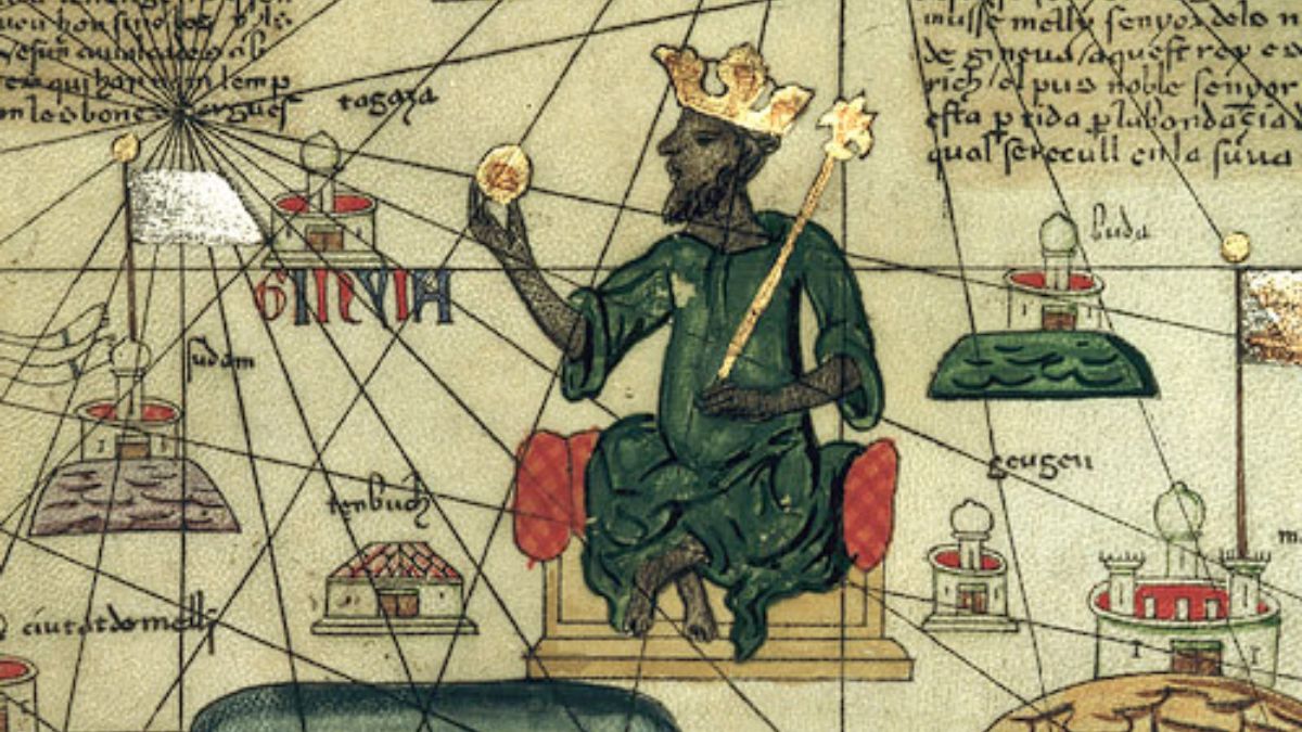 Ilustração histórica mostra o imperador do Mali segurando uma pepita de ouro, símbolo de como sua fortuna impressionou cartógrafos e cronistas da Europa medieval/ Domínio Público