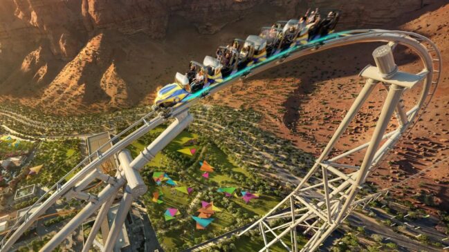 Falcons Flight, no Six Flags Qiddiya City, atinge 250 km/h e se destaca como a montanha-russa mais rápida, alta e longa do mundo, instalada em meio ao deserto da Arábia Saudita