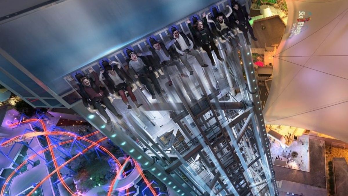 Sirocco Tower: reconhecida como a torre de lançamento vertical mais alta do mundo, a atração atinge 145 metros de altura e alcança 97 km/h/ Divulgação Six Flags Qiddiya City