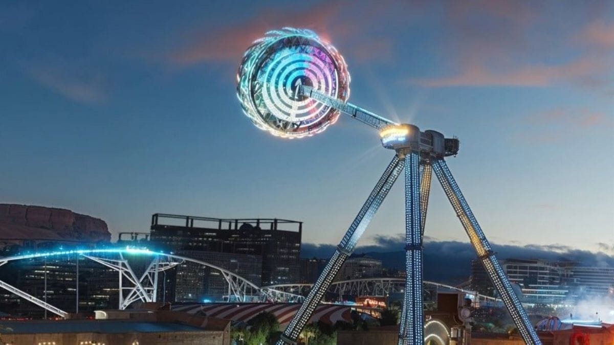 Gyrospin: classificada como a atração em formato de pêndulo mais alta do mundo, alcança 53 metros de altura, oferecendo uma experiência de giros extremos e grande amplitude/ Divulgação Six Flags Qiddiya City