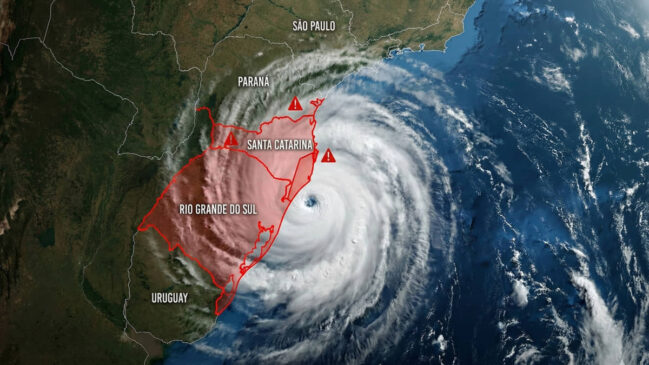 Imagem de satélite mostra as regiões que serão mais afetadas pelo ciclone no Brasil