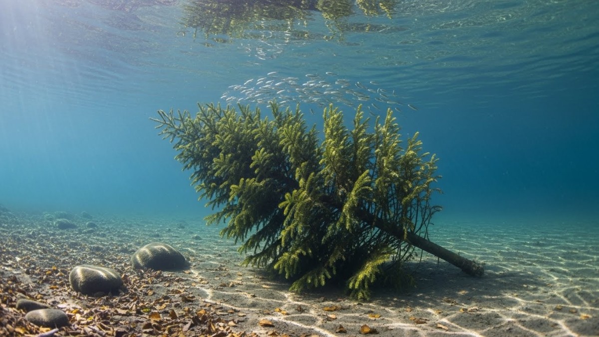 Árvores de Natal submersas criam abrigos naturais para peixes e outros organismos aquáticos / ImageFX
