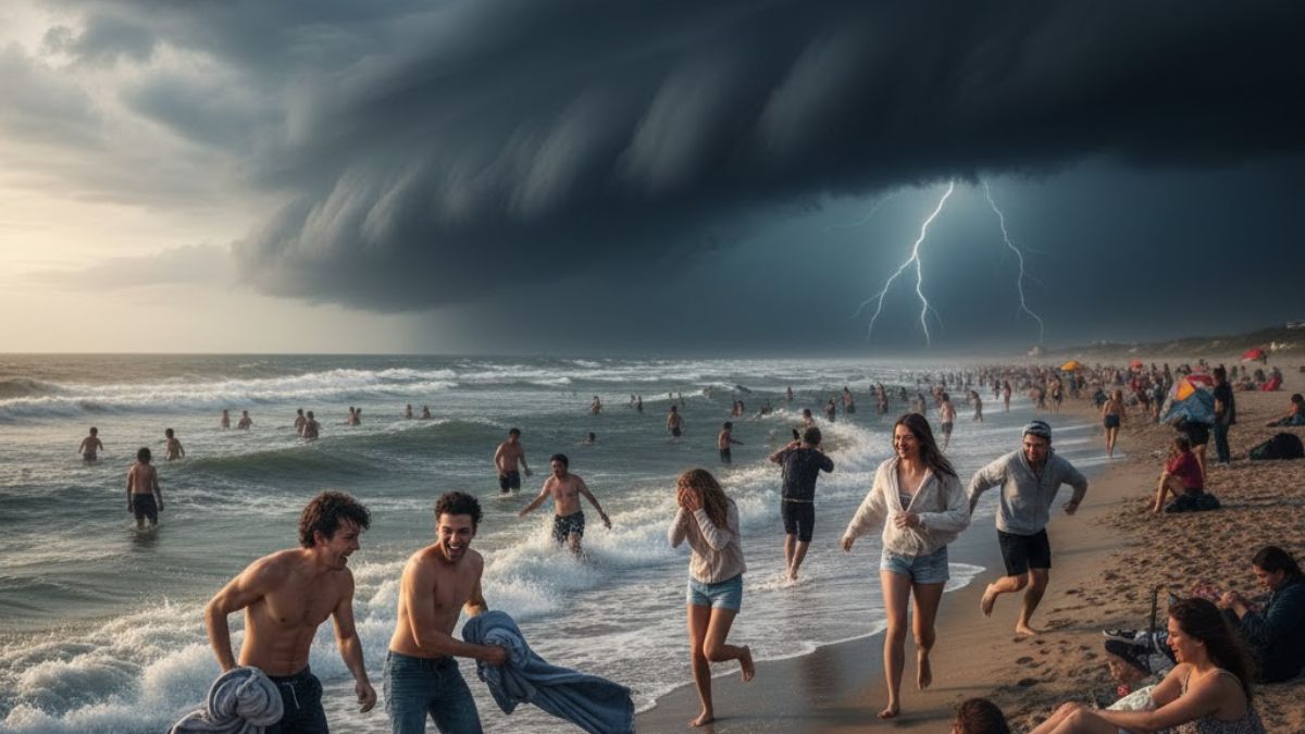 O clima na região do litoral de São Paulo pode ser de fortes tempestades nas próximas horas, segundo a Defesa Civil (Google Gemini / Imagem Gerada por IA)