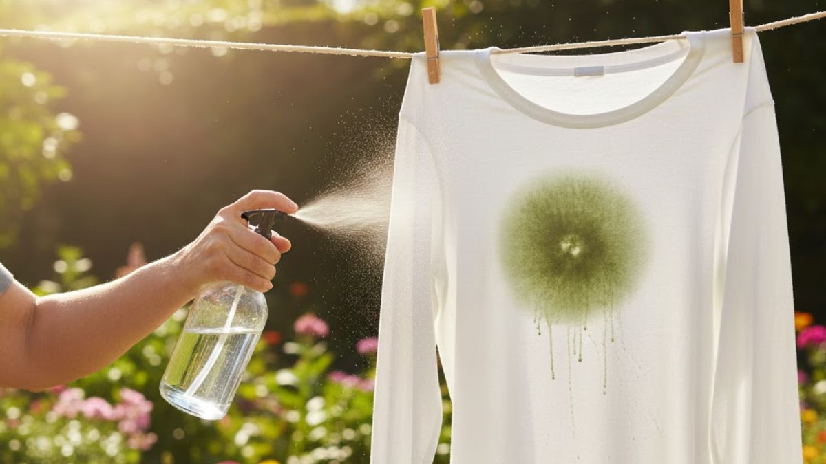 Para que o procedimento seja executado com êxito, deve-se umedecer a área afetada com vinagre branco puro, sem diluir, garantindo que o líquido atinja toda a mancha. Após esse passo, a roupa úmida deve ser colocada diretamente ao sol (Google Gemini/Imagem Gerada por IA)