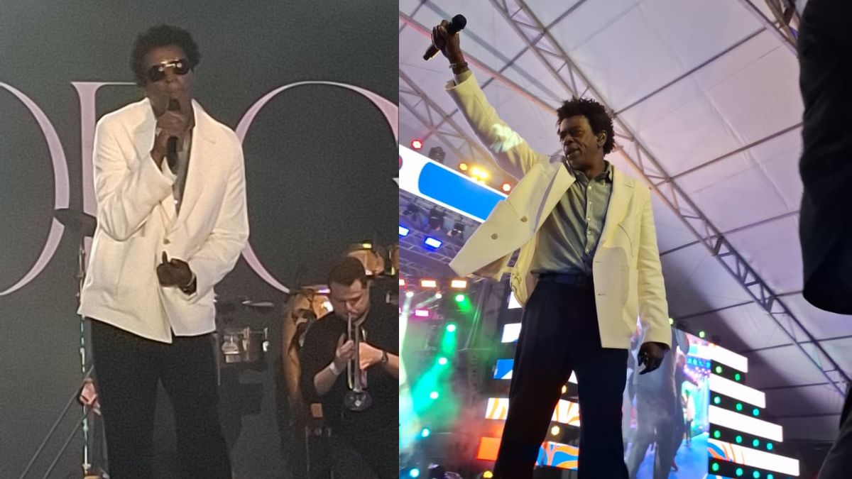 Seu Jorge, vestido de branco, contrastando com seus músicos vestidos de preto, interagiu com o público e recebeu todo o carinho de volta (Lelo/DL)