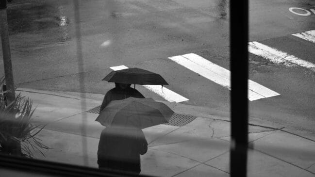 Pessoas de guarda-chuva em uma segunda-feira cinza e molhada