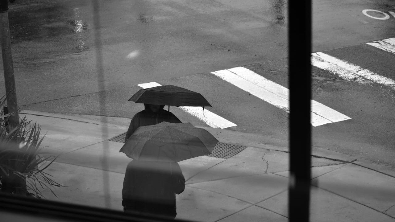 Pessoas de guarda-chuva em uma segunda-feira cinza e molhada