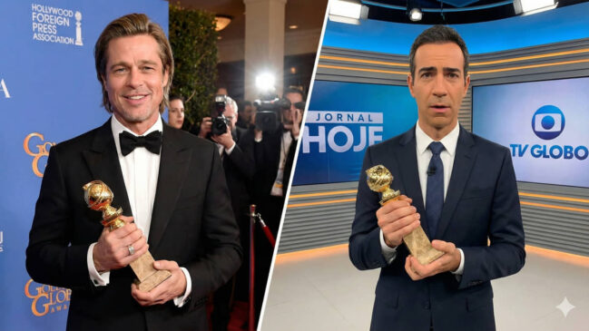 Brad Pitt de um lado e César Tralli do outro, mas Globo de Ouro não é da TV Globo