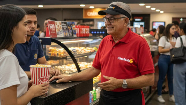 Idoso já aposentado trabalha em rede de cinema e pode aumentar rendimento