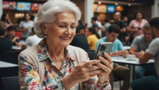 Mulher 60+ faz amizades por aplicativo de relacionamento enquanto toma café no shopping