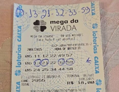 Em uma foto do recibo que comprova o jogo, os números escolhidos foram: 06, 13, 21, 22, 32 e 59