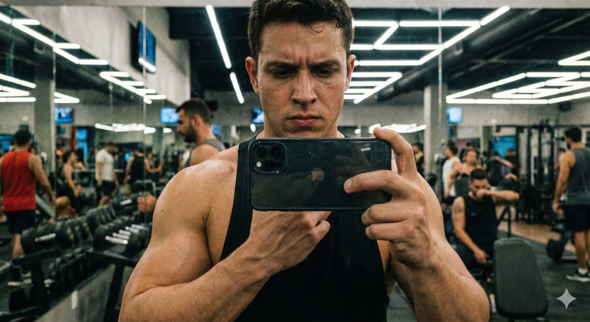Homem tira foto na academia para postar nas redes sociais
