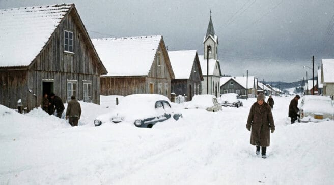 A cidade de São Joaquim, em SC, quase toda coberta de neve em 1957