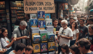 Fãs se reúnem em frente a banca para trocar figurinhas do álbum da Copa de 2026