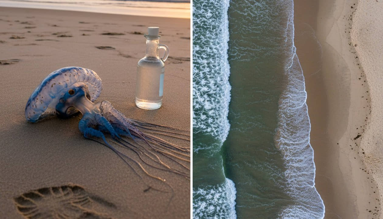 Tanto a caravela portuguesa (à esquerda) quanto água-viva trazem riscos à saúde