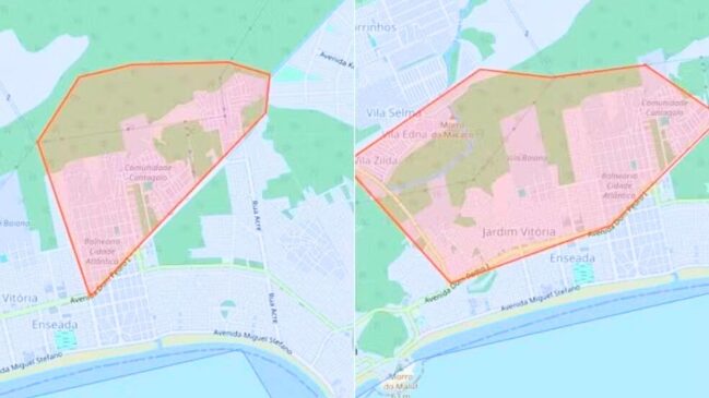 A Defesa Civil Estadual divulgou mapas com áreas de risco de deslizamento na região da Barreira do João Guarda (à esq.) e da Vila Baiana (à dir.)