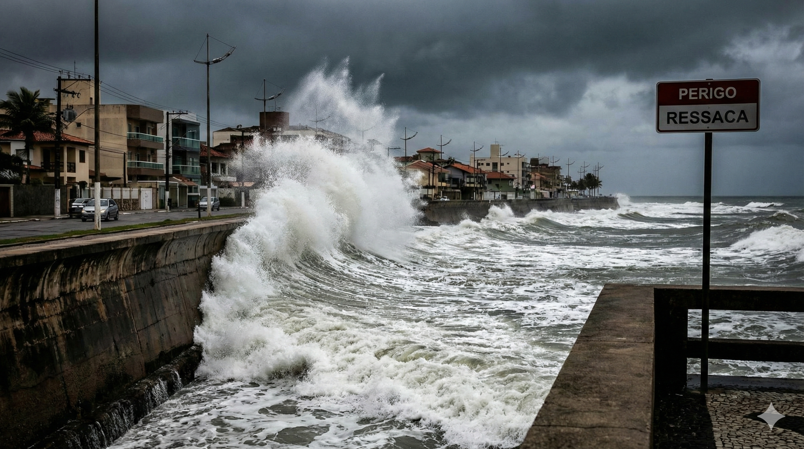 Ondas fortes de ressaca atingem a orla, sinalizada com perigo / IA