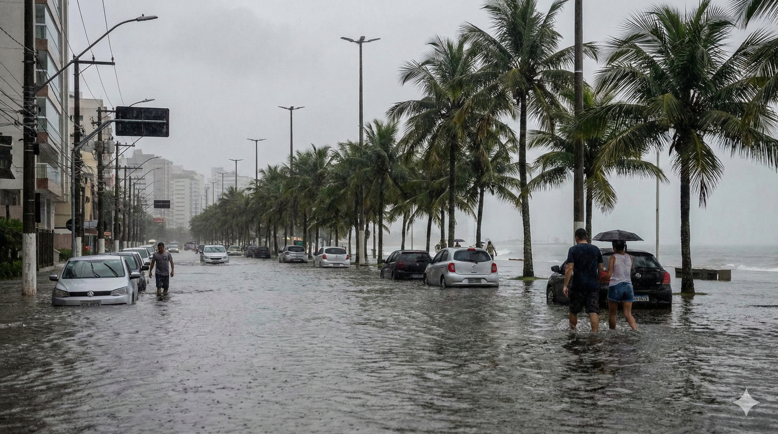 Avenida beira-mar alagada após horas de chuva intensa no litoral / IA