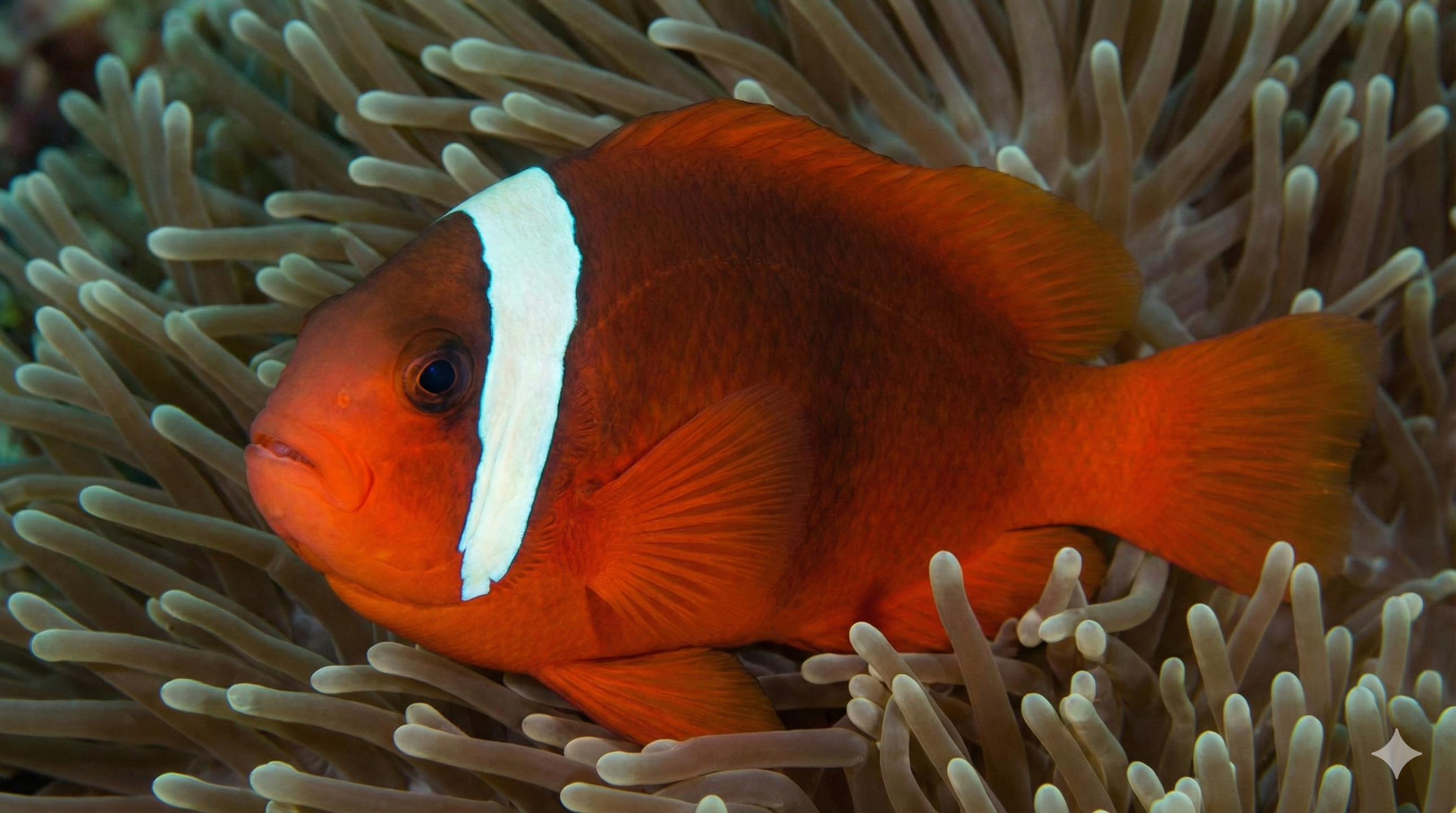 Um peixe-palhaço adulto e dominante, com apenas uma listra branca na cabeça / IA