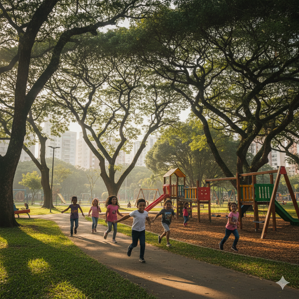 Crianças brincam em parque repleto de árvores e muita sombra / Foto ilustrativa - IA