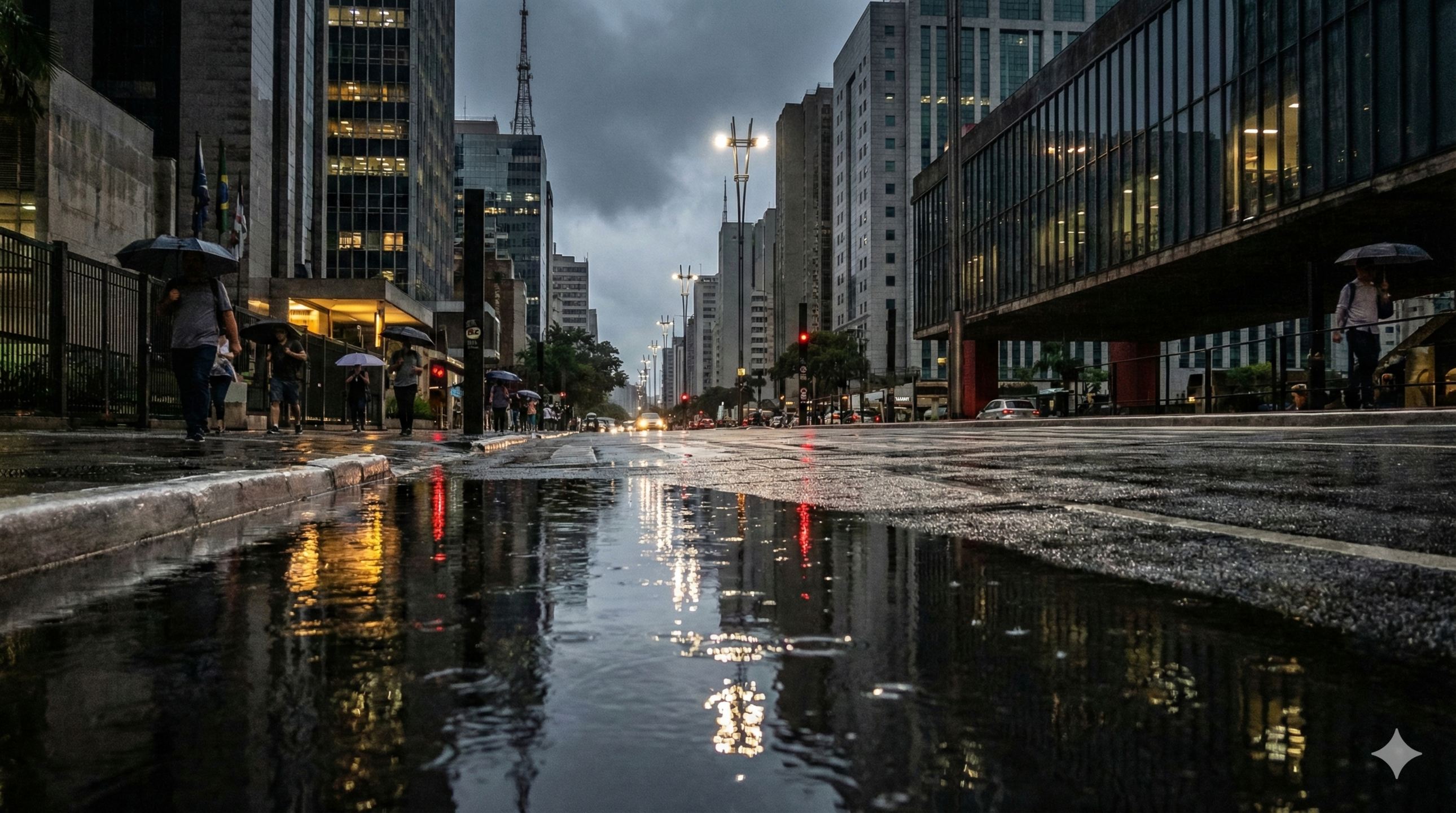 Temporal de fim de tarde reflete luzes da Avenida Paulista / IA